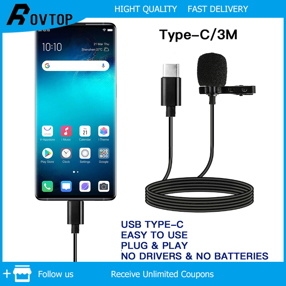Rovtop Mini Type C/3.5mm Clip-on Lapel Lavalier Microphone Condenser for Phone Hands-Free Wired Microphones Mic for Camera Computer