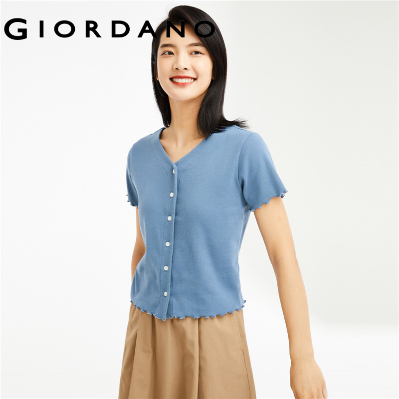 GIORDANO Women T-Shirts V-Neck Stringy Selvedge Design Casual T-Shirts Short Sleeve Button Closure Relaxed T-Shirts 13322208