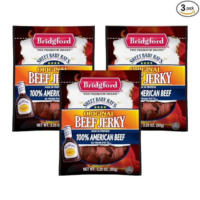Bridgford Sweet Baby Ray’s Beef Jerky Original 3.25 oz Pack of 3 - Healthy High Protein Beef Jerky for Your Dietary Preferences - Ready-to-Eat Snacks for On-the-Go Snacking and Busy Lifestyles
