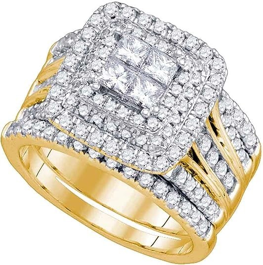 Dazzlingrock Collection 2.01 Carat (ctw) Princess Diamond Cluster Halo Bridal Wedding Ring Set 2 Ctw, 14k Yellow Gold