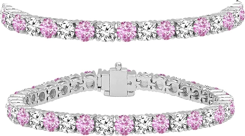 Dazzlingrock Collection Round Cut Real Pink Sapphire & White Diamond Womens Tennis Bracelet, 14K Solid White Gold