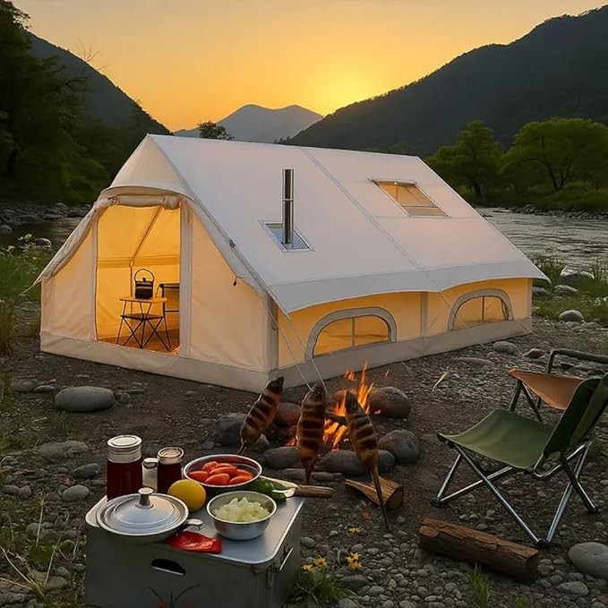 Luxury Canvas Glamping Tent with Stove Jack, 4-Season Waterproof Safari Tent, Large Family Camping Shelter
