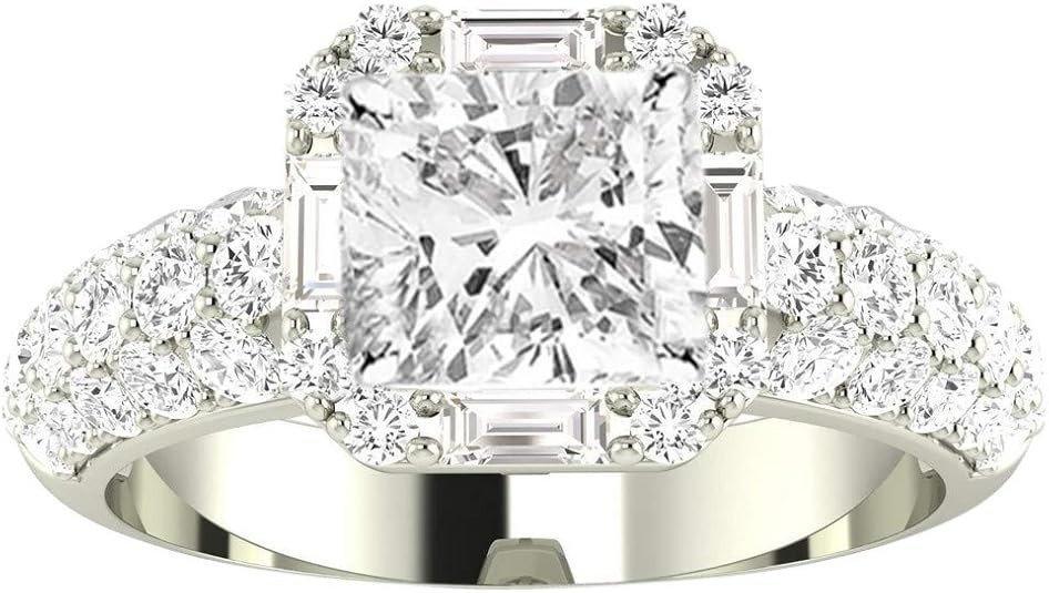 Houston Diamond District LAB GROWN Diamond Designer Popular Halo Style Baguette And Pave Set Round Cushion Cut Diamond Engagement Ring (E-F Color VS2-SI1 Clarity)
