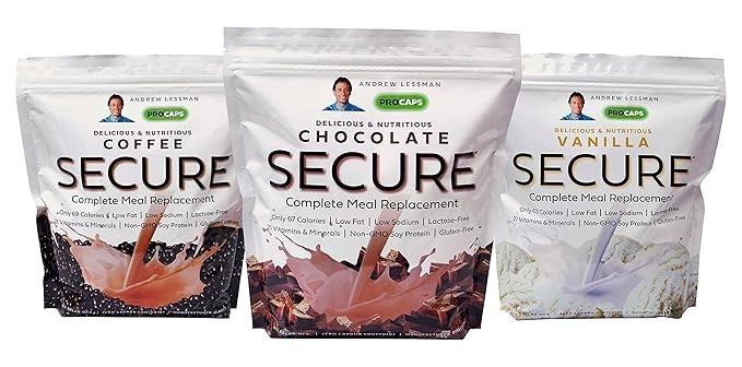 ANDREW LESSMAN 3 Flavor Secure Soy Bundle - 100 Servings each of Secure Soy Chocolate, Coffee and Vanilla. Delicious, Nutritious and Lowest Calorie Meal Replacements!